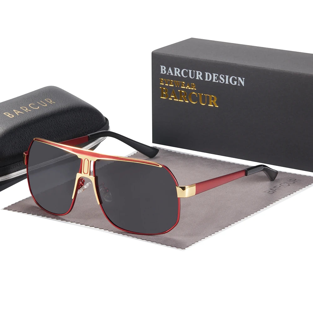 Oculos La Paz vermelho com detalhe dourado e lente escura com seus acessorios inclusos no pedido