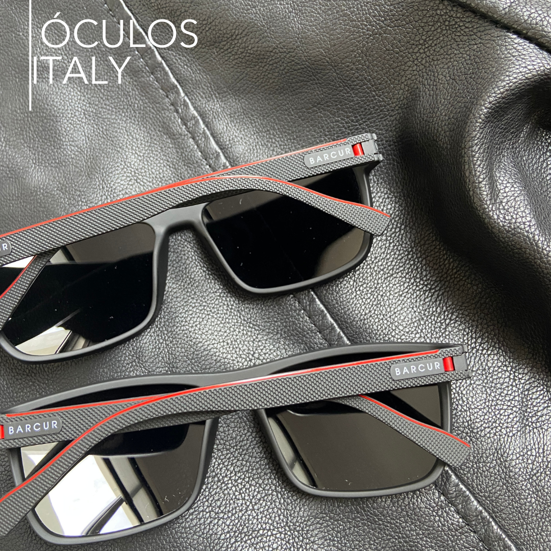oculos de sol italy preto com detalhe vermelho com fundo da foto de couro
